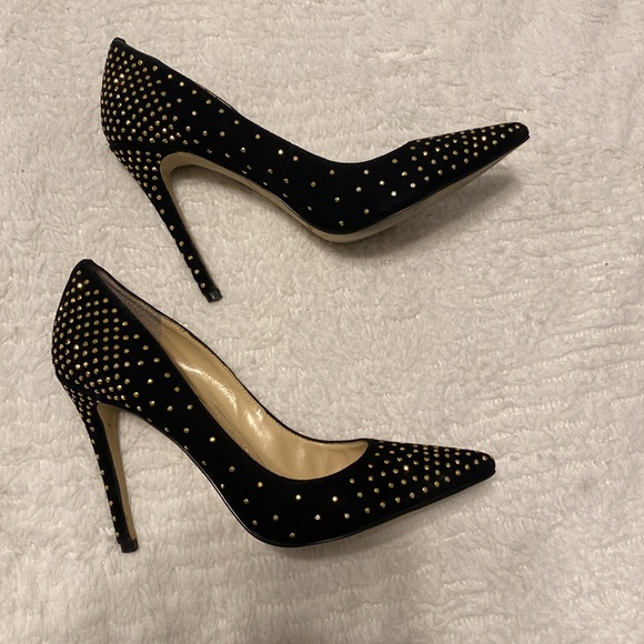Enzo Angiolini Black Velvet Gold Studded Stilettos - Picture 3 of 9